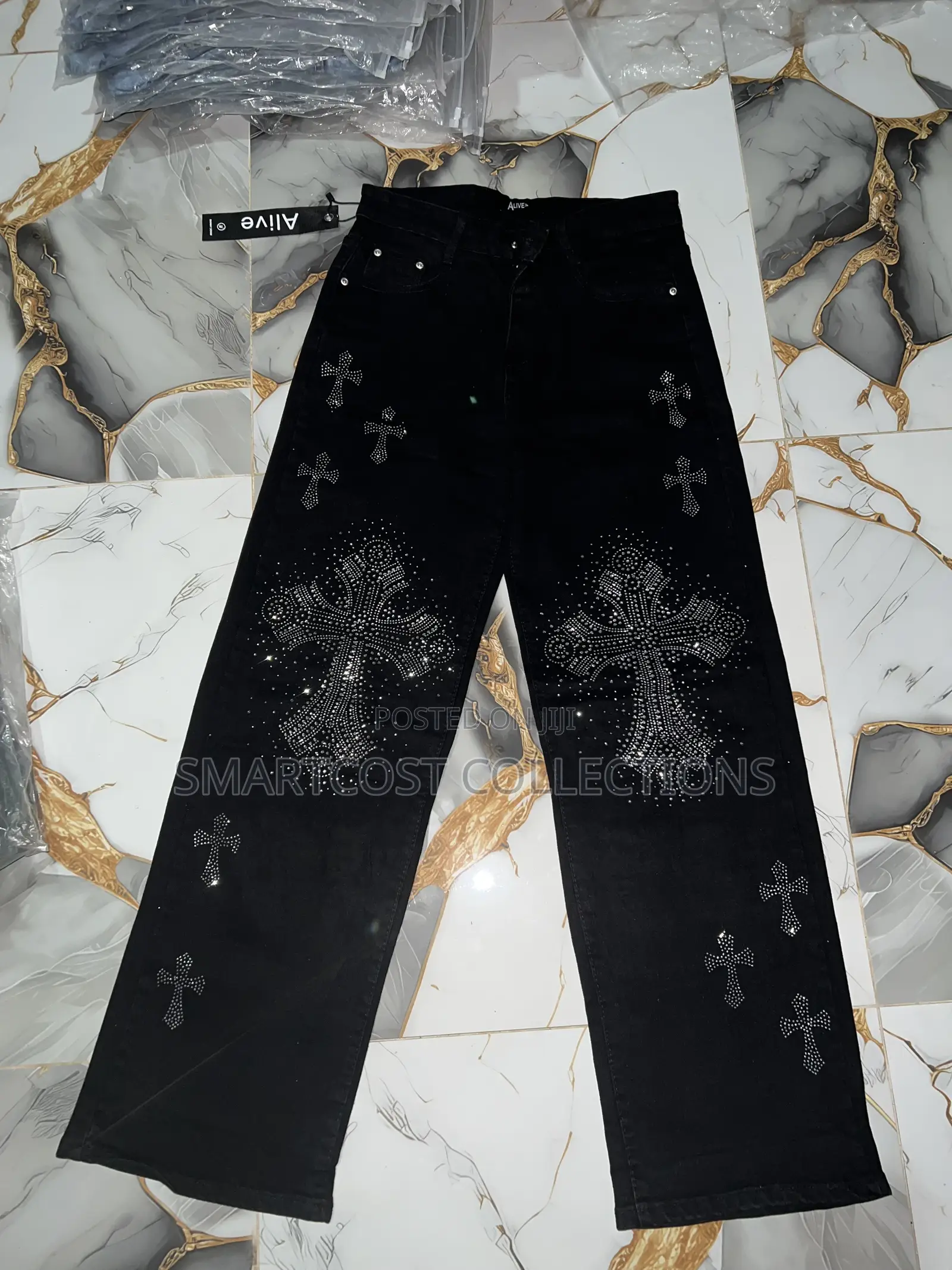 Alive Black Rhinestones Cross Jeans