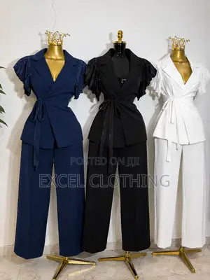 Women’s Elegant Ruffle Sleeve Wrap Blazer Wide-Leg Pants Suit Set