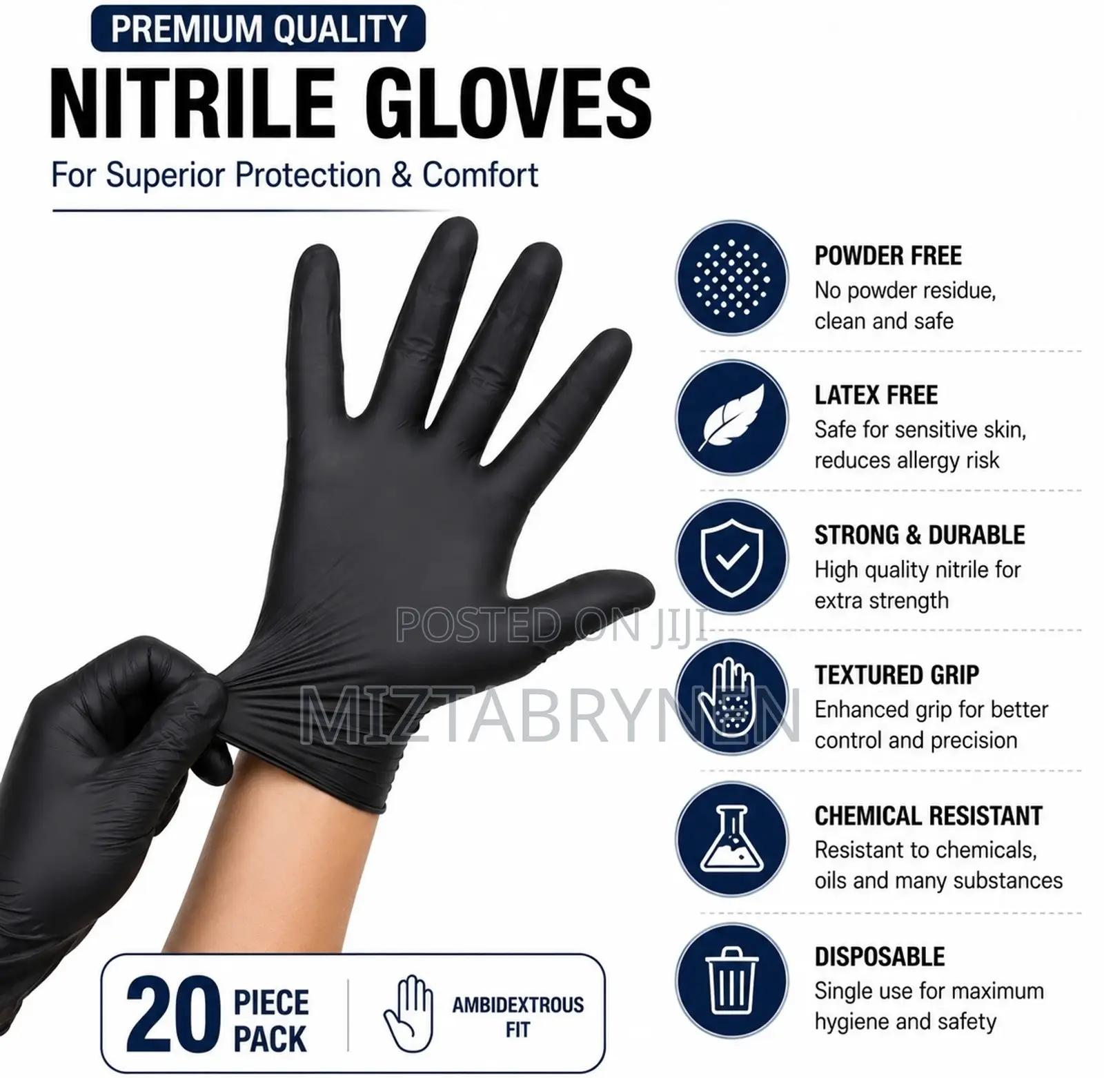 Nitrile Disposable Black Gloves Powder-Free & Latex-Free - 20pcs