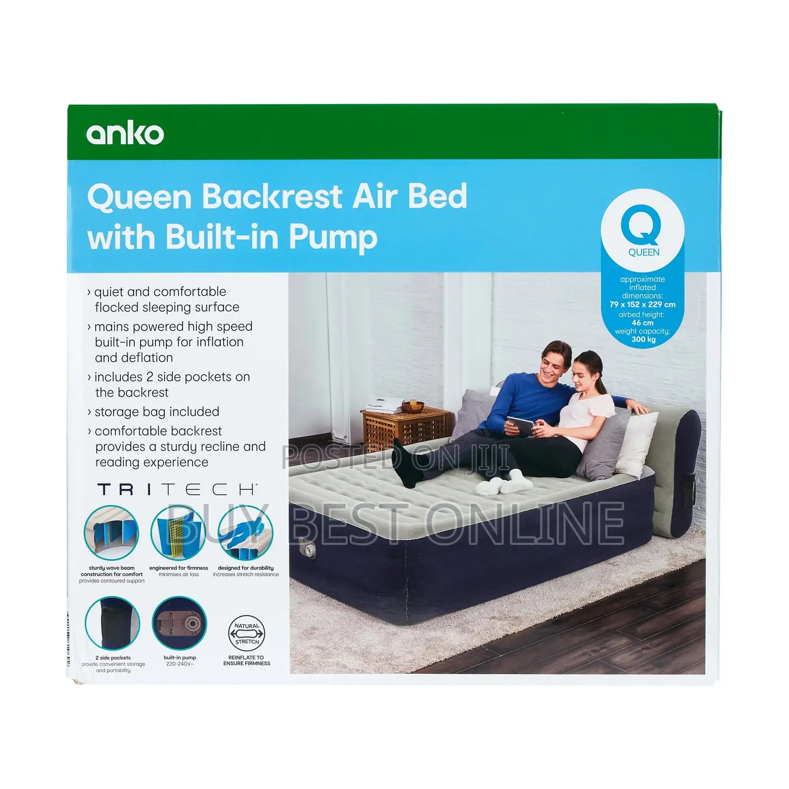 Queen Backrest Air Bed, With Built-in Pump