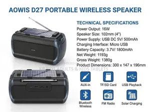 Portable Solar Wireless Speaker –16W Loud FM Radio, Bluetooth, USB/TF