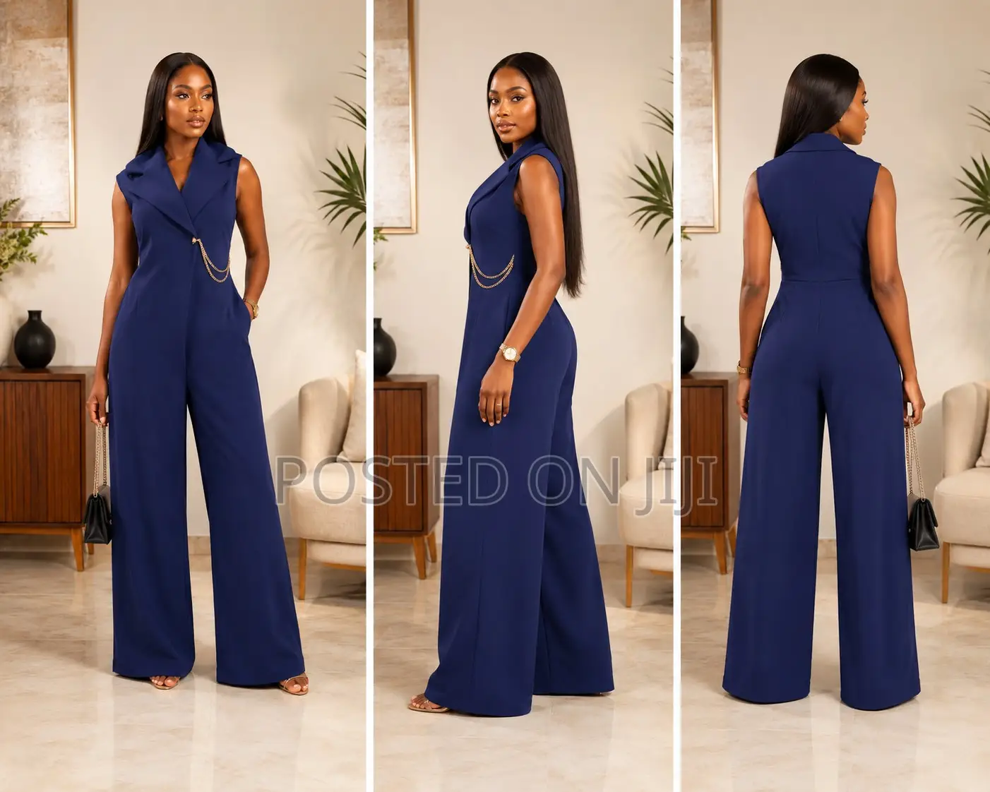 Luxury Navy Jumpsuit With Gold Chain Accent