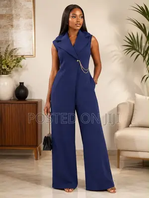 Luxury Navy Jumpsuit With Gold Chain Accent