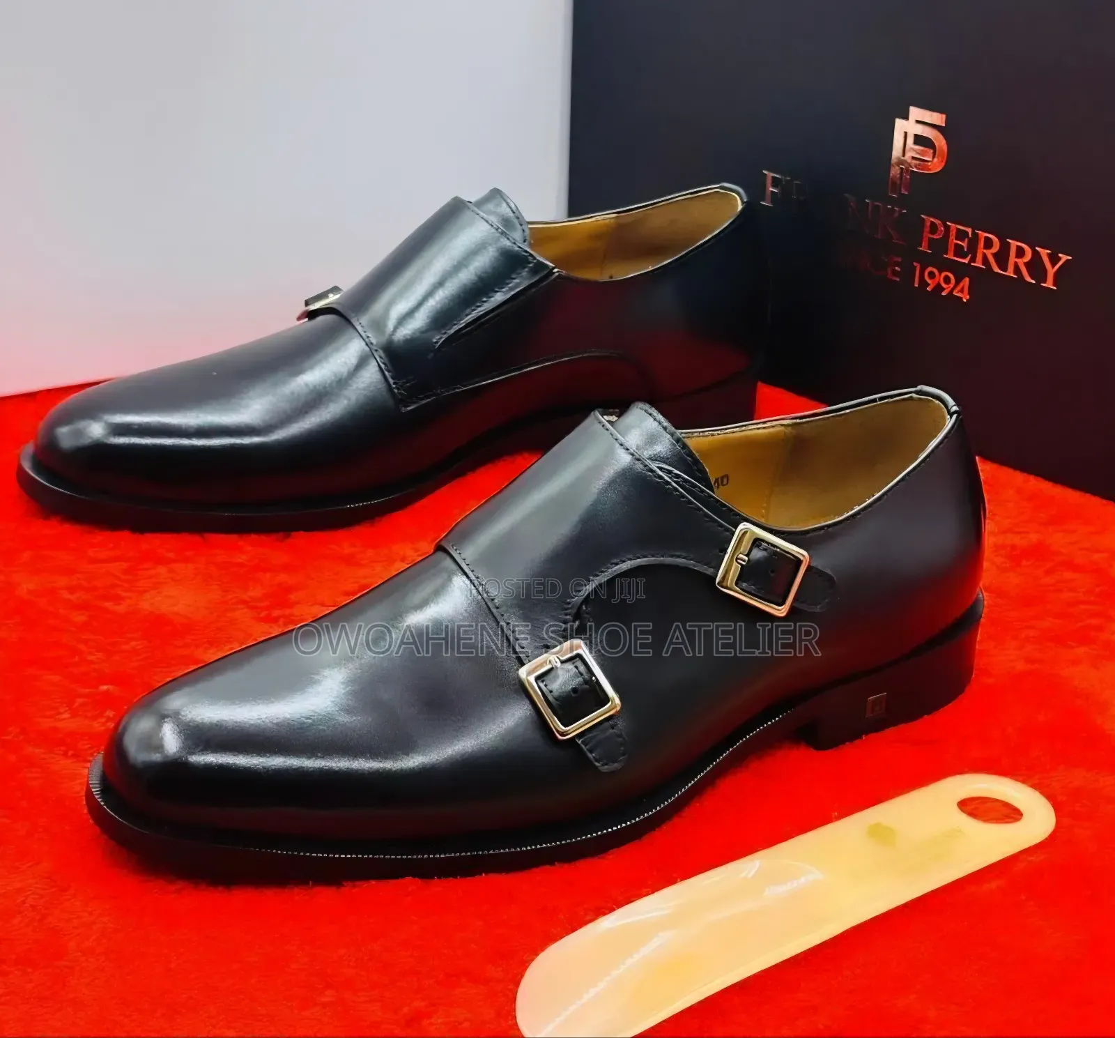 Frank Perry Black Leather Double Monk Strap Shoes