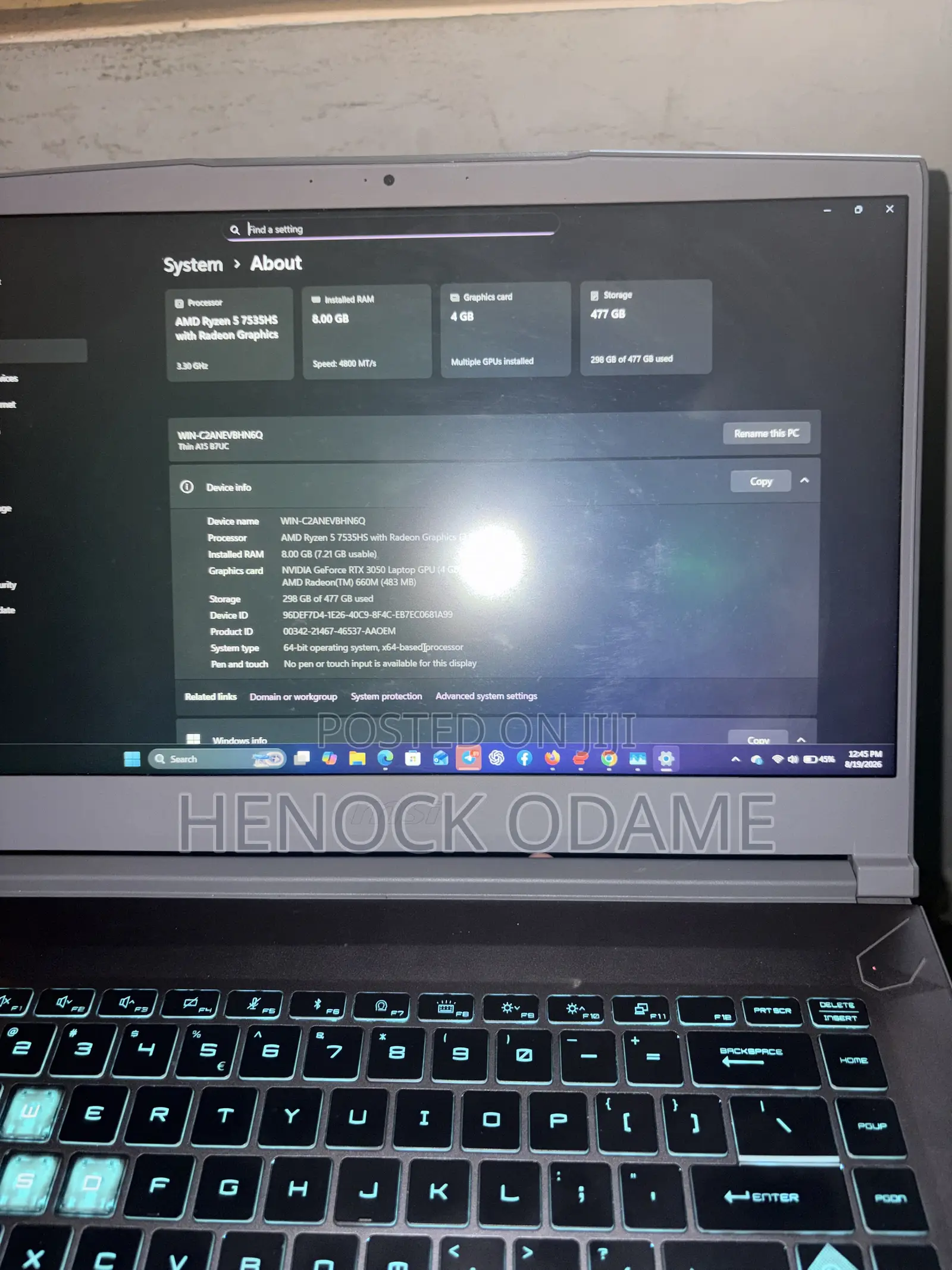 Laptop MSI GF63 8GB AMD Ryzen 5 SSD 500GB