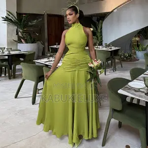 Halter Neck Waist-Cinching Pleated Dress