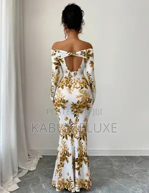 White and Gold Floral Print Off Shoulder Maxi Dress.