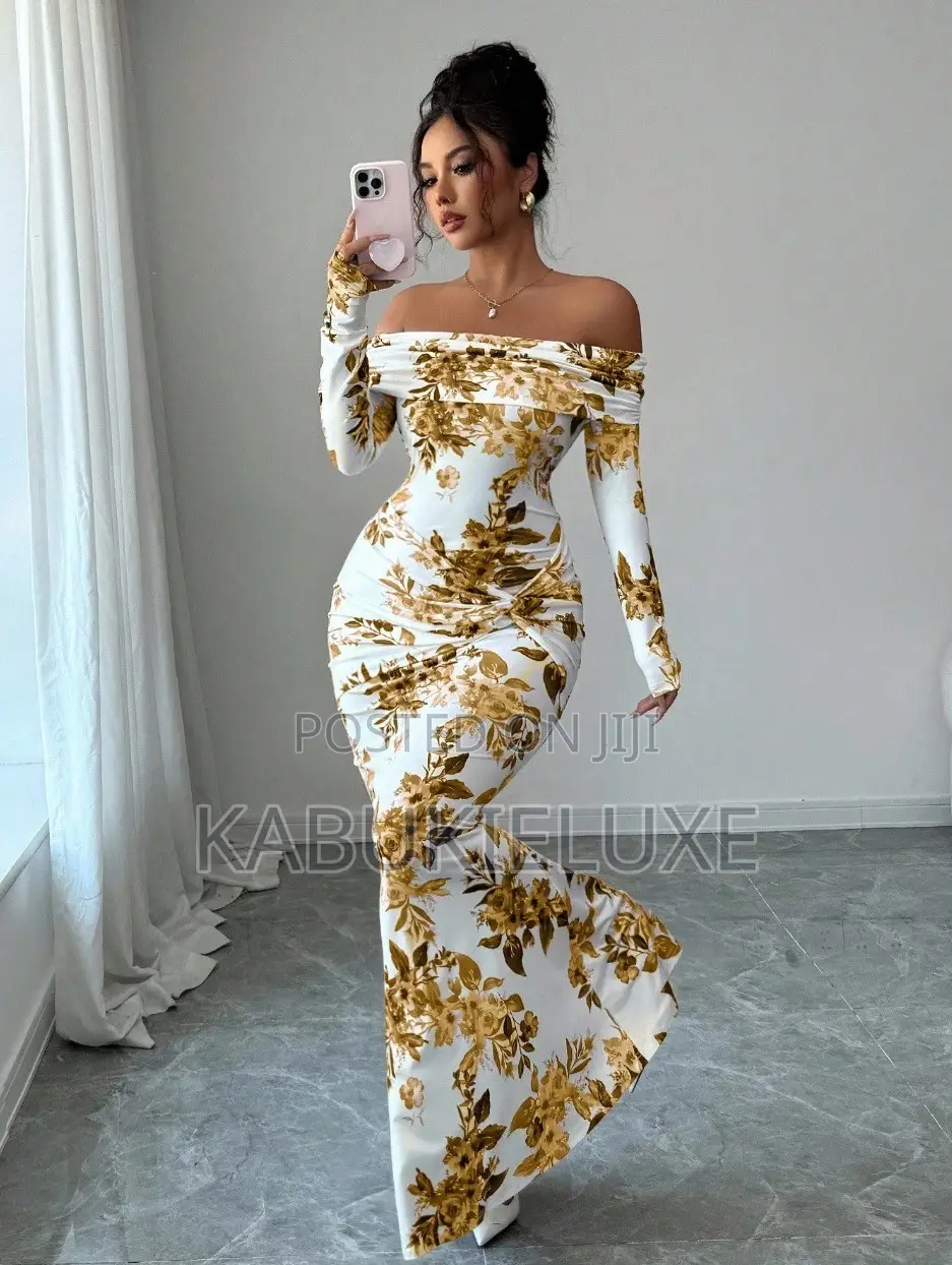 White and Gold Floral Print Off Shoulder Maxi Dress.
