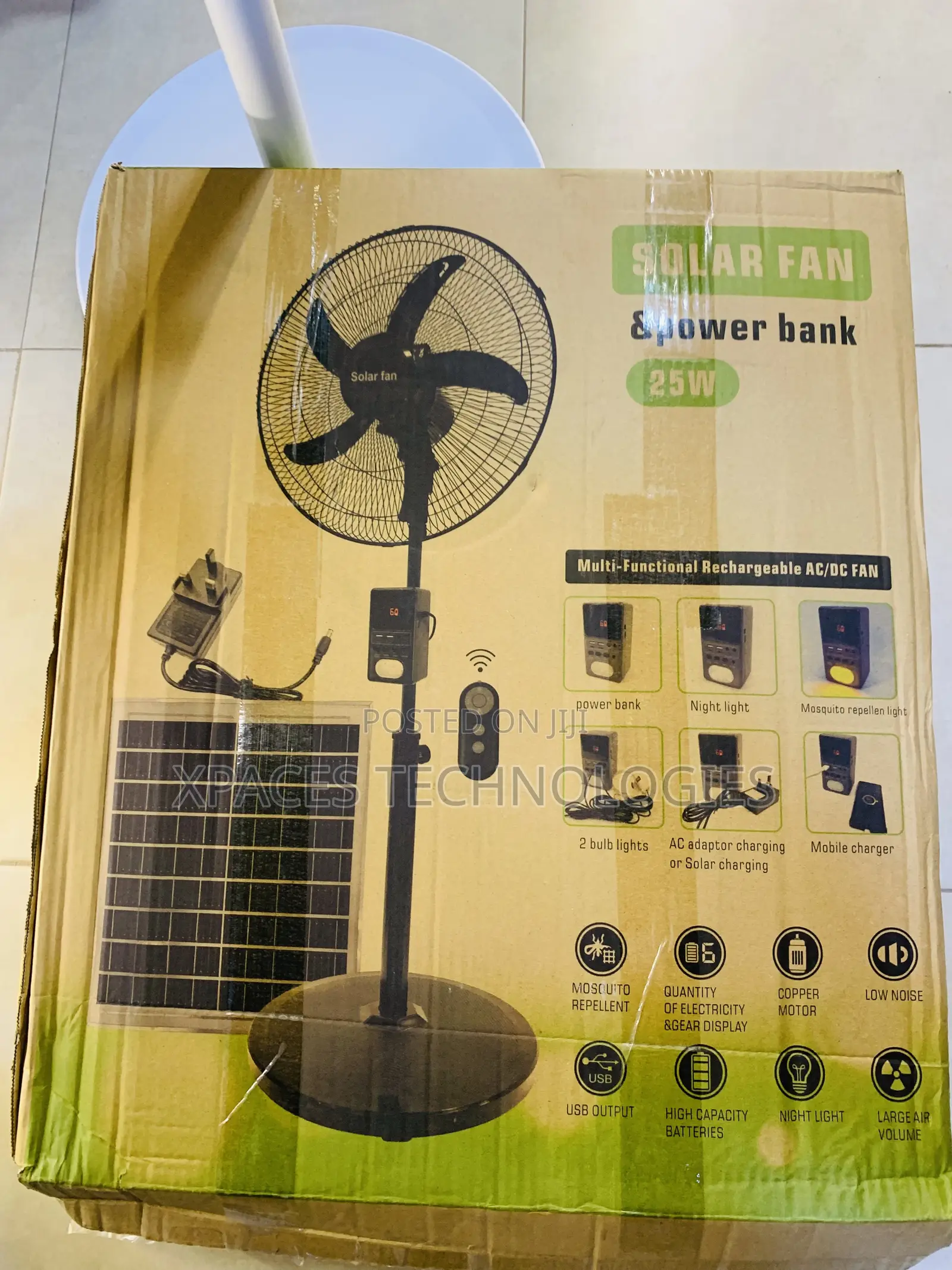 Solar Fan Powerbank, Remote Control+1 Bulb Multi Rechargeable AC/DC