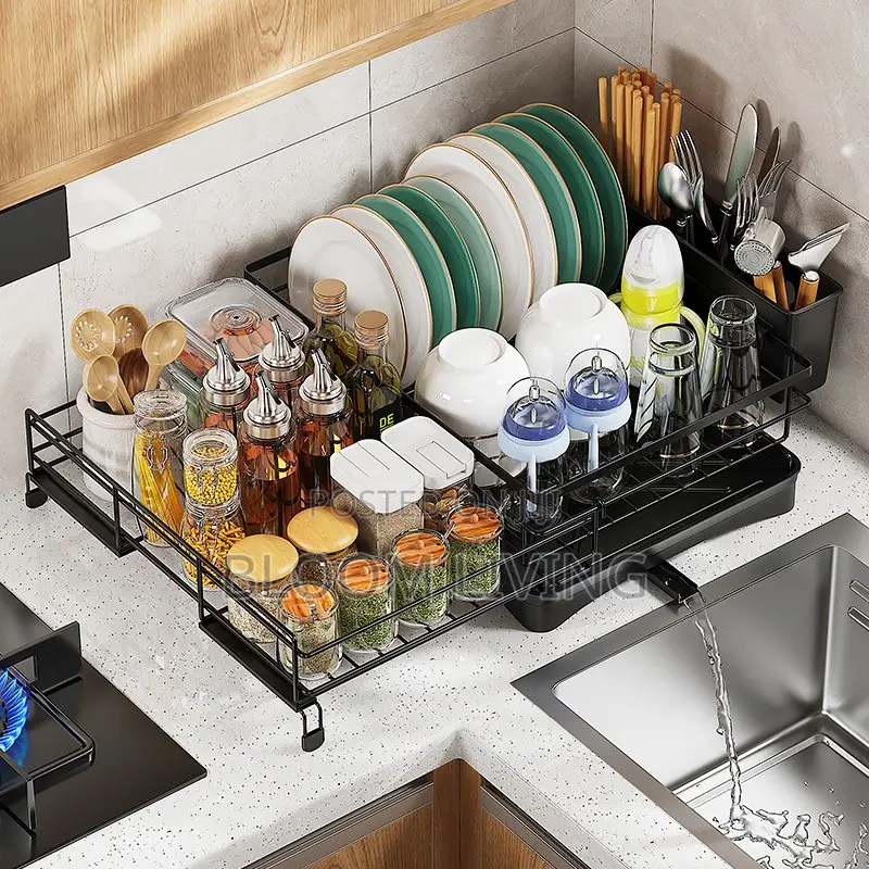 2-Tier Dish Drying Rack With Drain Tray Utensil Holder