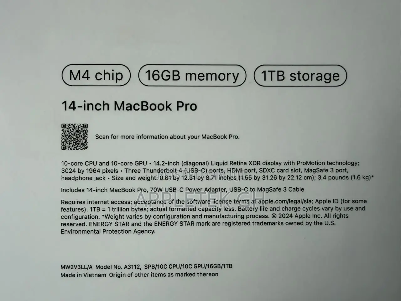 New Laptop Apple MacBook Pro 2024 M4 16GB Apple M4 SSD 1T