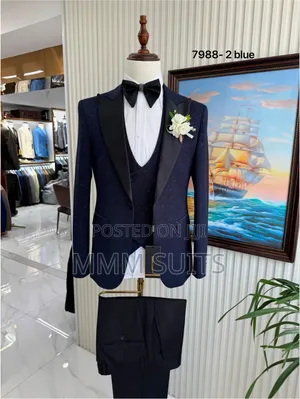 Classic and Elegant 3-Piece Tuxedo Men's Suit With Crystals Blue-Black