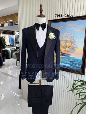Classic and Elegant 3-Piece Tuxedo Men's Suit With Crystals Blue-Black