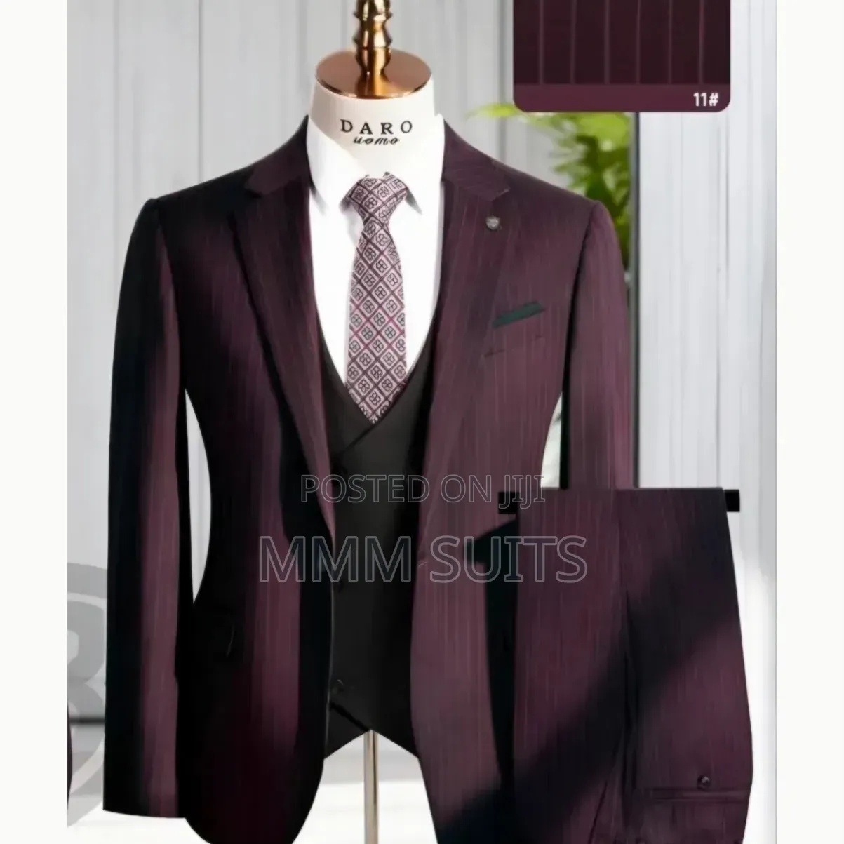 Classic and Elegant 3-Piece Stripped Men's Suit in Burgundy Colour