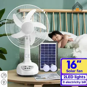 Portable Stand Solar Rechargeable Table Fan With 2 LED Bulbs , 16inch