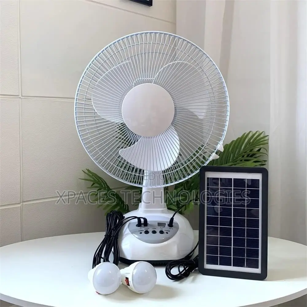 Portable Stand Solar Rechargeable Table Fan With 2 LED Bulbs , 16inch