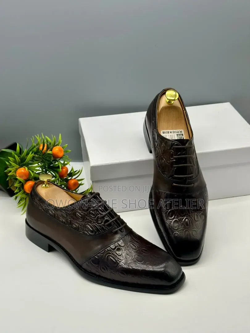 Zara Men's Luxury Dark Brown Embossed Leather Oxford Dress Shoes,