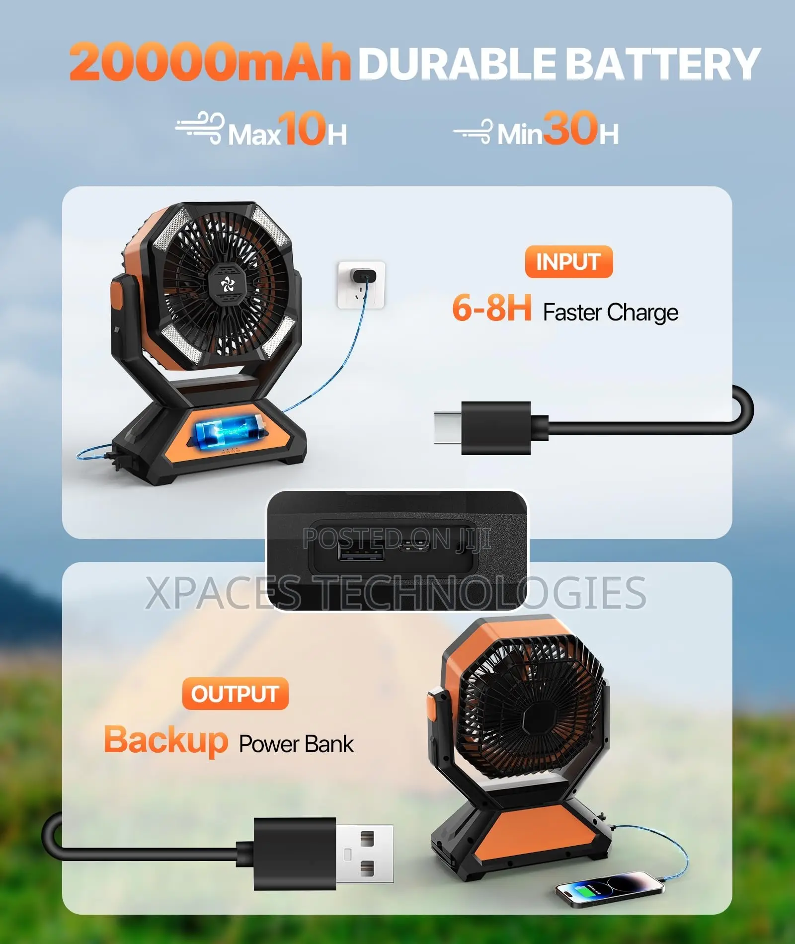 20000mAh Portable Rechargable Camping Fan With Night Led