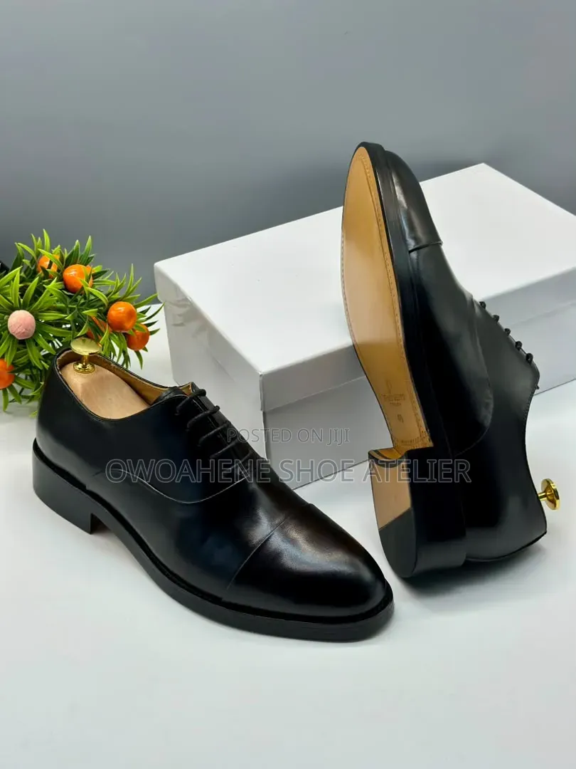Black Leather Quarter-Brogue Derby Shoes,