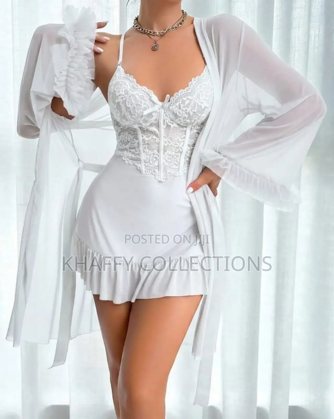 Classic White Lace Ruffle Nightdress Set -2 Piece