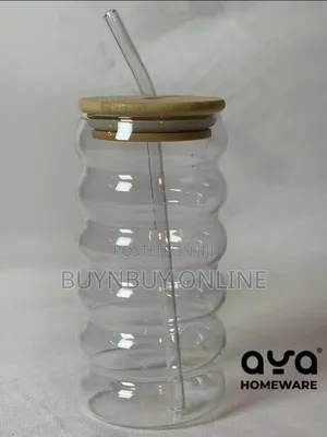 450ml Ribbed Glass Cup With Straw and Lid