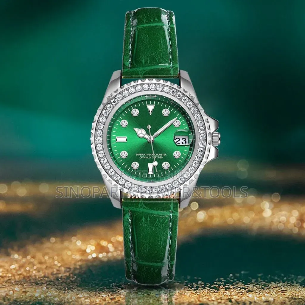 Green Dial Quartz Wristwatch With Crystal Bezel