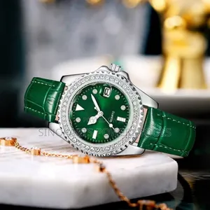 Green Dial Quartz Wristwatch With Crystal Bezel