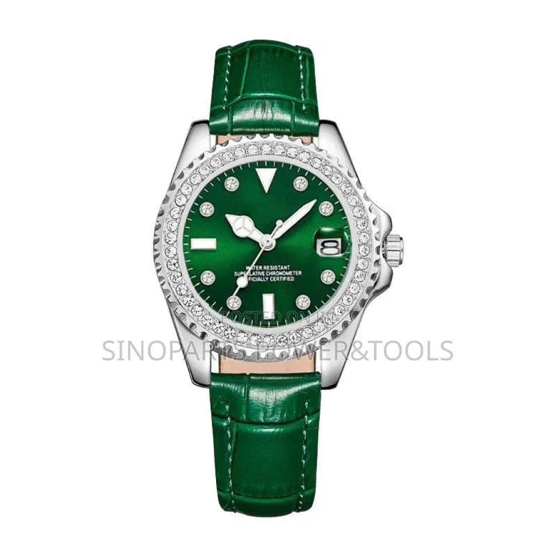 Green Dial Quartz Wristwatch With Crystal Bezel