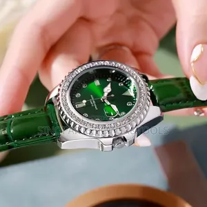 Green Dial Quartz Wristwatch With Crystal Bezel