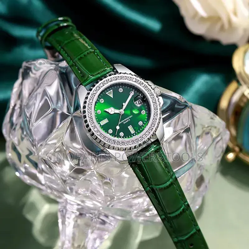Green Dial Quartz Wristwatch With Crystal Bezel