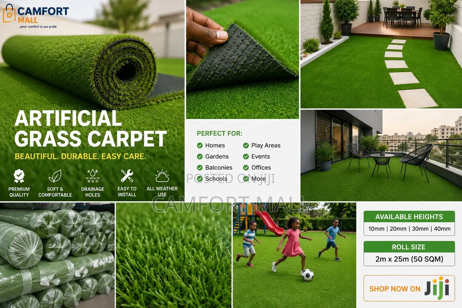Artificial Carpet Grass - Astro Turf Full Roll 50sqm Astroturf Carpet