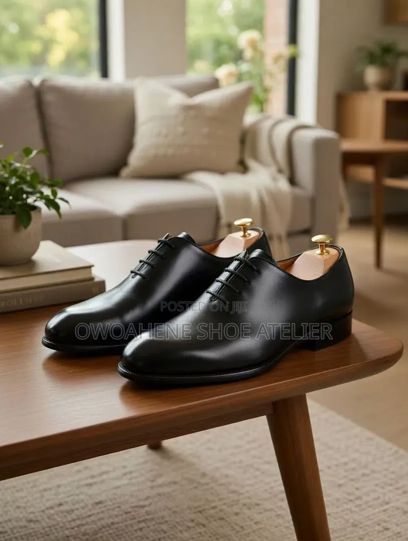 Black Leather Wholecut Oxford Shoes,