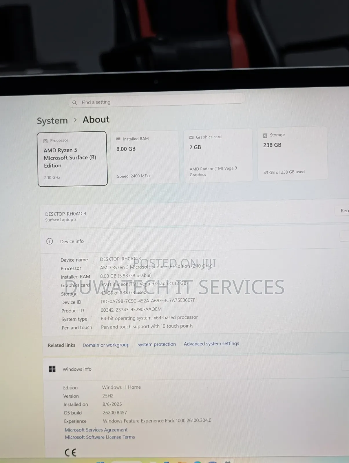Laptop Microsoft Surface Laptop 3 8GB AMD Ryzen 5 SSD 256GB