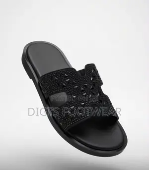 Black Hermes Rhinestone Leather Slipper