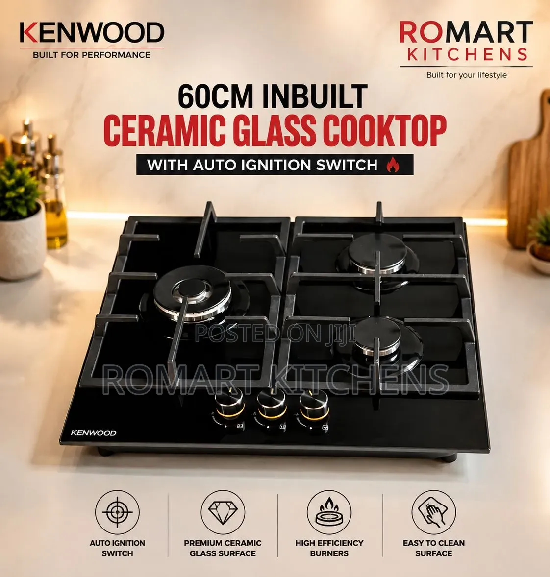 Kenwood 60cm Inbuilt Ceramic Glass 3 Burner(hob). Auto Ignition Switch