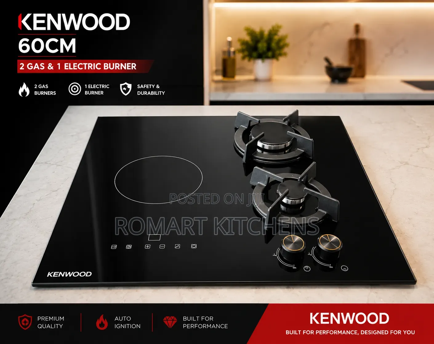 Kenwood 60cm Inbuilt Glass Hybrid Mixed Cooker. 2 Gas and 1 Electric