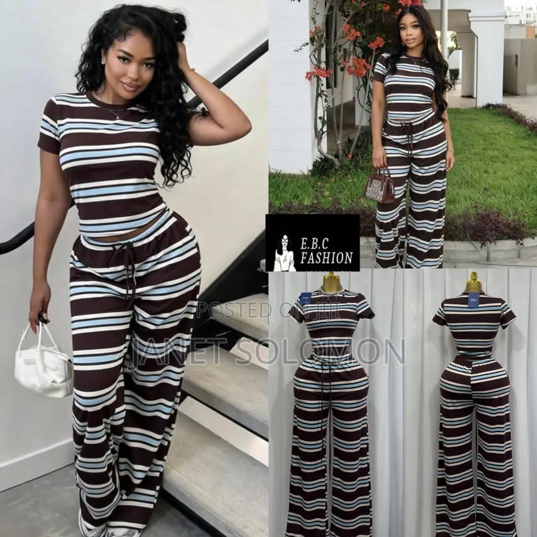 Cute Striped Two-Piece Set – Top Wide-Leg Trousers