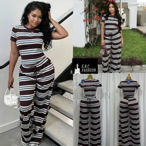 Cute Striped Two-Piece Set – Top Wide-Leg Trousers