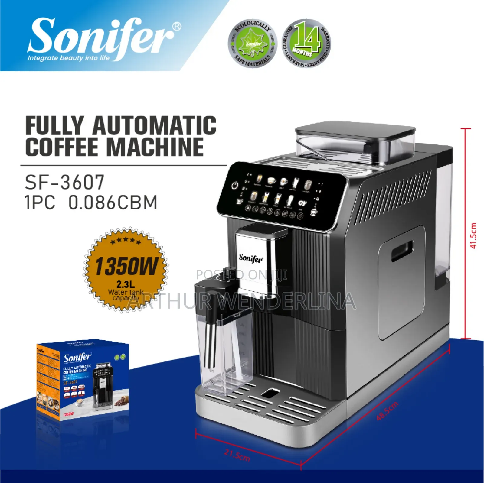 Sonifer Automatic Coffee Machine 15Bar Pressur Grinder Touch Screen