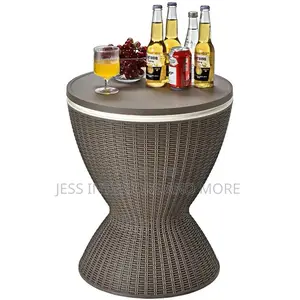 Patio Rattan Cooler Bar Table Adjust Ice Bucket Brown