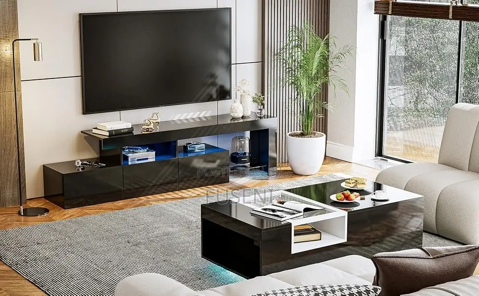 LED TV Stand for 75 Inch, With 3 Cabinets. For Living Room - Black