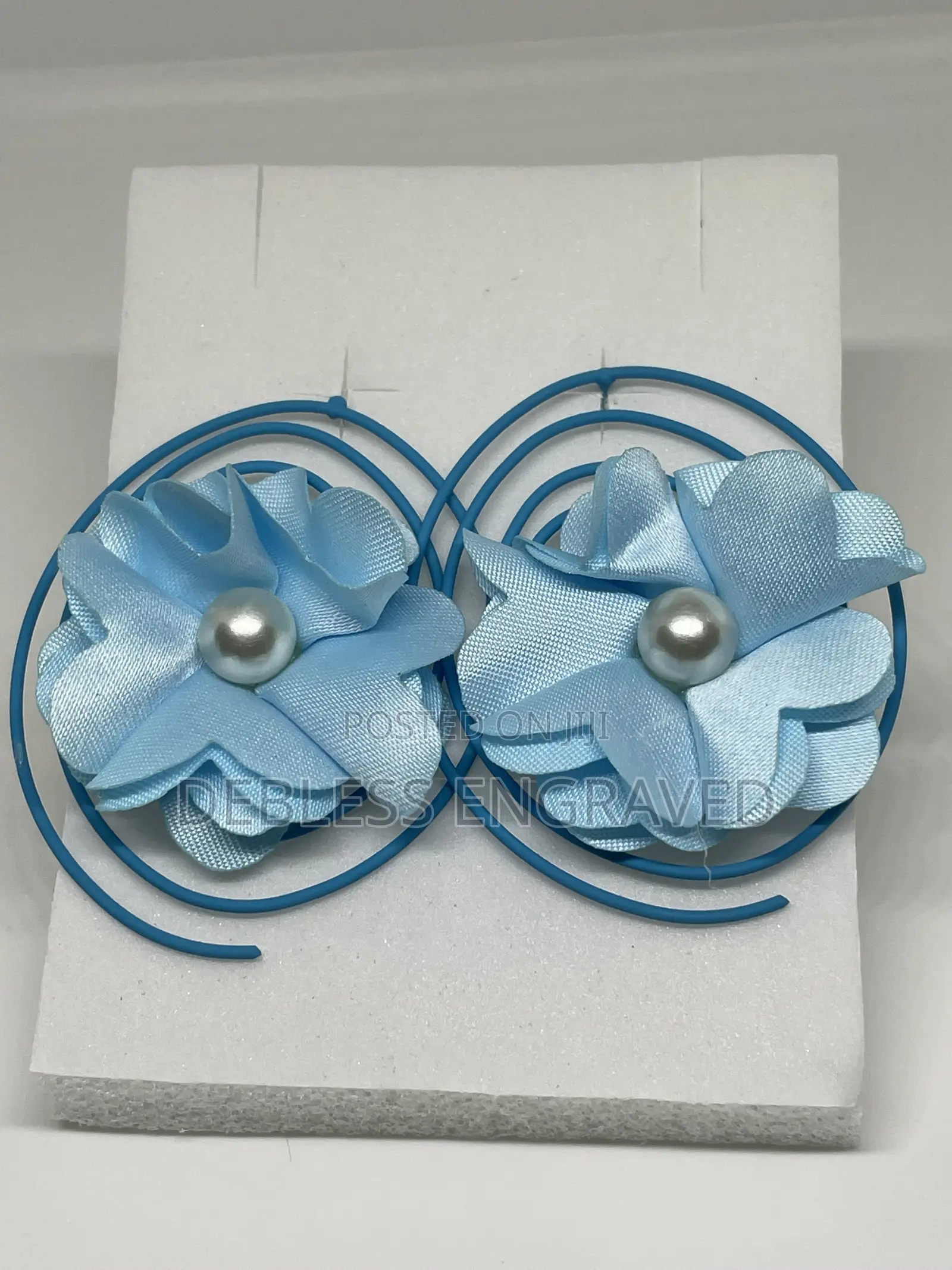 Brand New Yellow and Sky Blue Fabric Flower Spiral Earrings With Pearl
