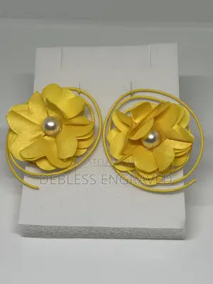 Brand New Yellow and Sky Blue Fabric Flower Spiral Earrings With Pearl