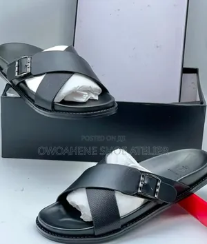 Men's Black Criss-Cross Leather Slide Sandals