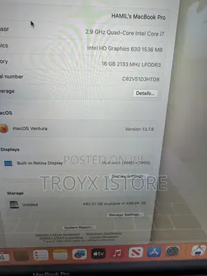 Laptop Apple MacBook Pro 2017 16GB Intel Core i7 SSD 512GB