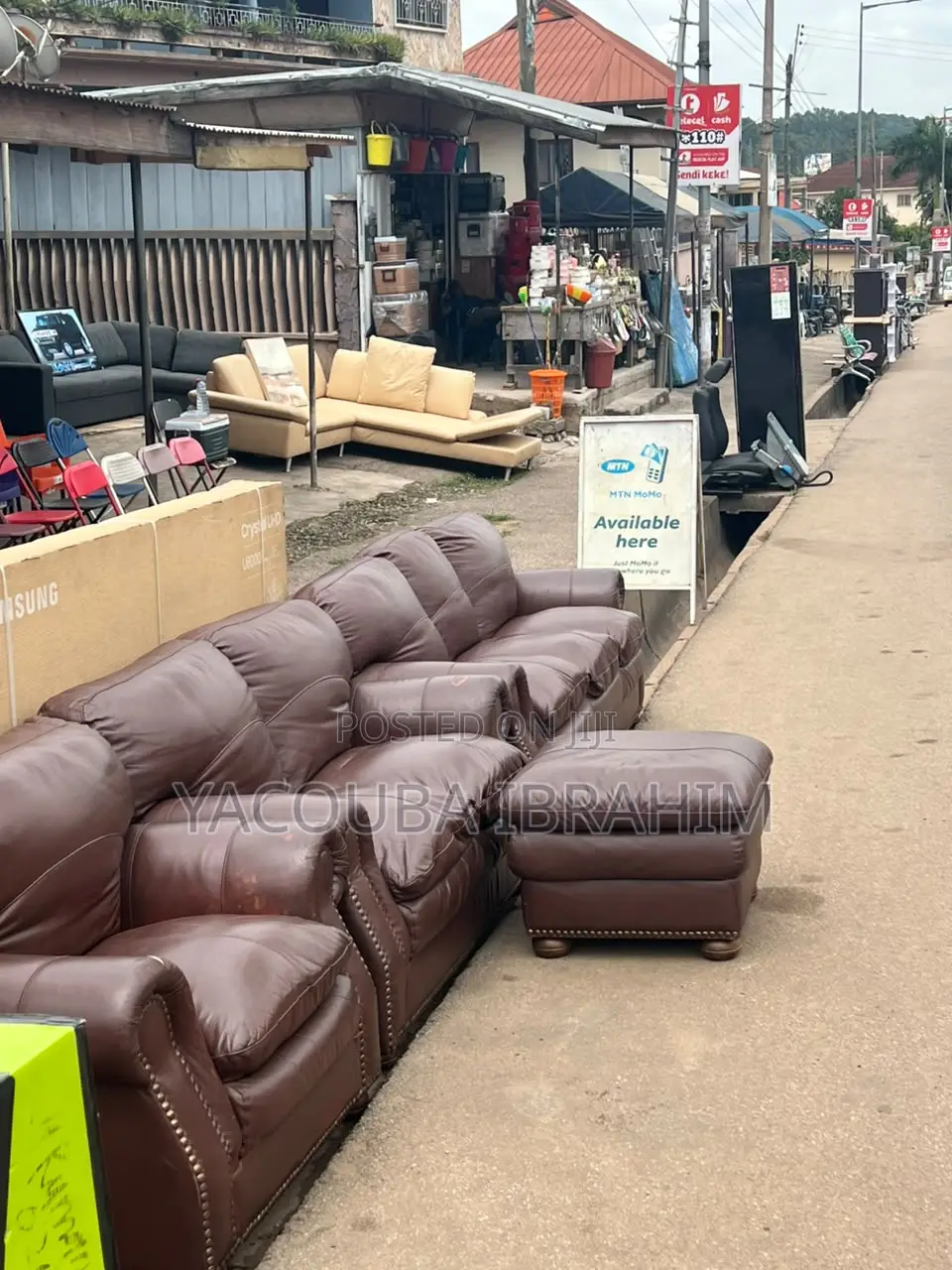 Brown Ggenuine Leather Sofa 3+2+1+pouffe