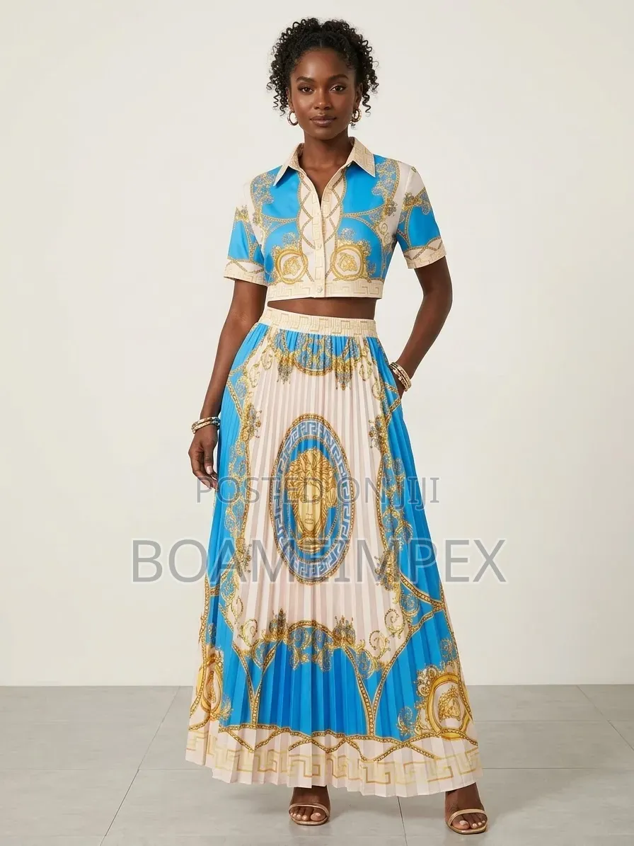 Women's Geometric Print 3/4 Sleeve Top & High Waist Pleated Skirt