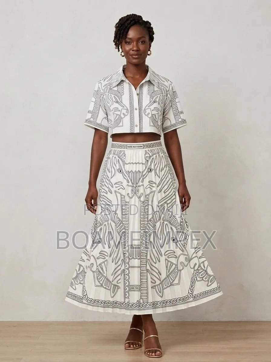 Women's Geometric Print 3/4 Sleeve Top & High Waist Pleated Skirt