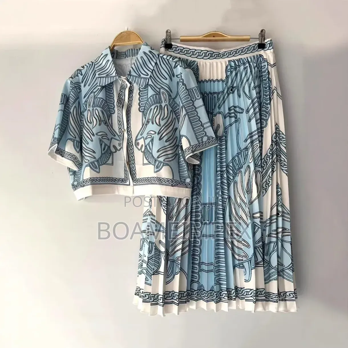 Women's Geometric Print 3/4 Sleeve Top & High Waist Pleated Skirt