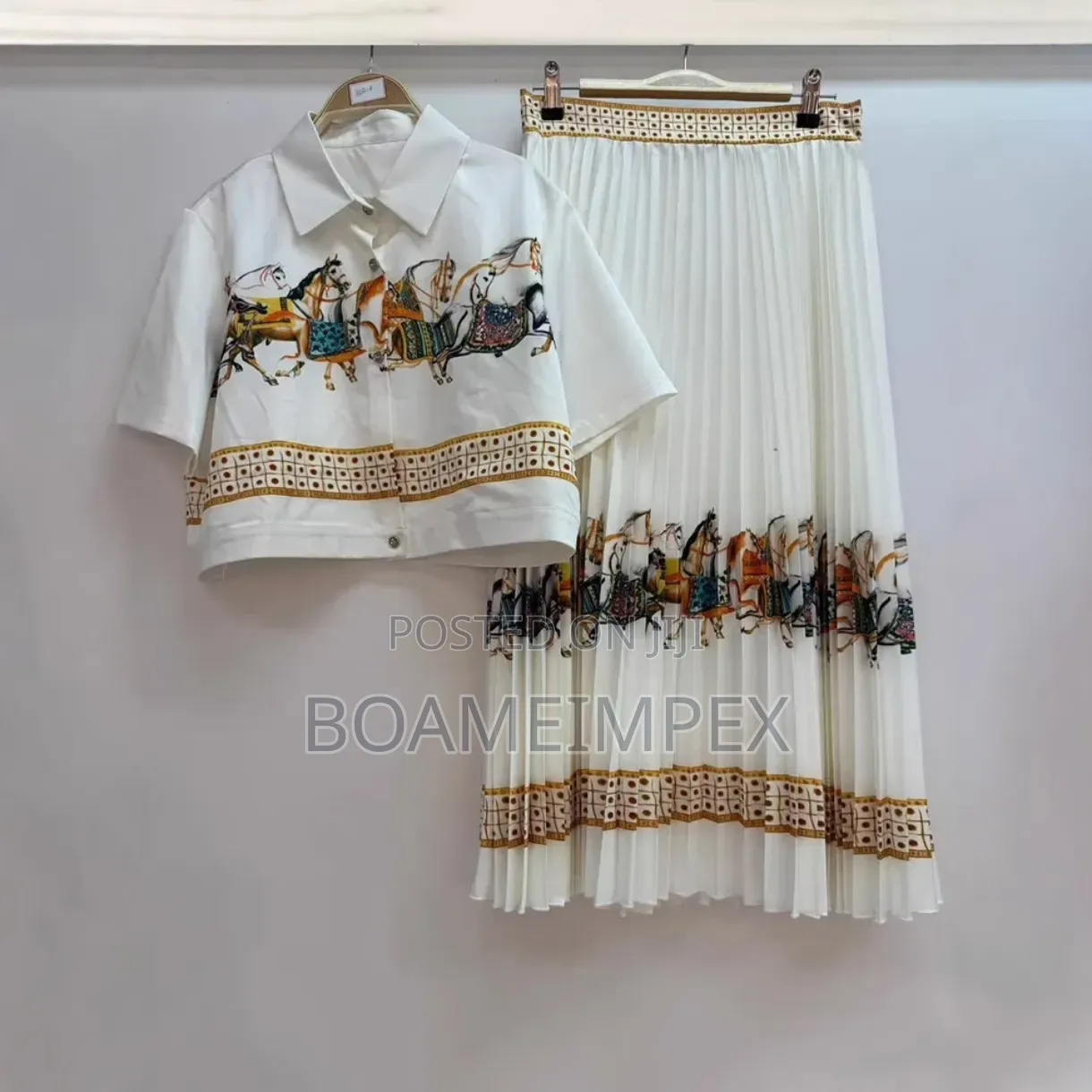 Women's Geometric Print 3/4 Sleeve Top & High Waist Pleated Skirt